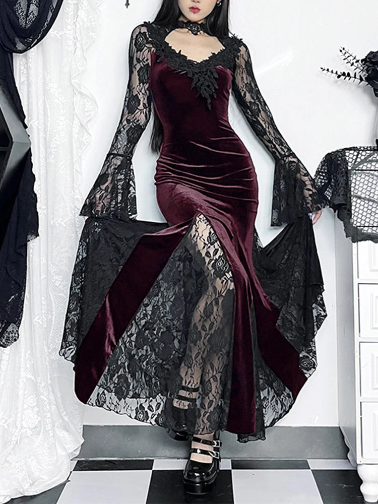 AltGoth Vintage Elagnt Lace Patchwork See Through Flare Sleeve Dress