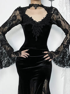 AltGoth Vintage Elagnt Lace Patchwork See Through Flare Sleeve Dress