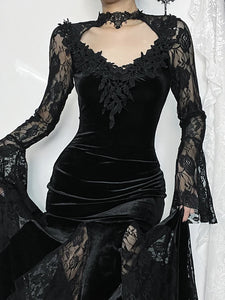 AltGoth Vintage Elagnt Lace Patchwork See Through Flare Sleeve Dress