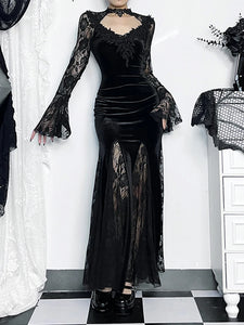 AltGoth Vintage Elagnt Lace Patchwork See Through Flare Sleeve Dress