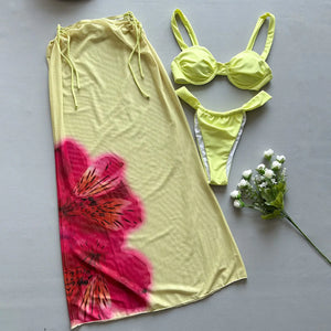 3 Pieces Long Dress Cover Up Bikini Set
