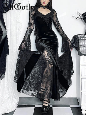 AltGoth Vintage Elagnt Lace Patchwork See Through Flare Sleeve Dress