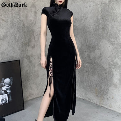 Dark Romantic Gothic Velvet Aesthetic Vintage Bandage SlitHem Bodycon Dress Evening Wear